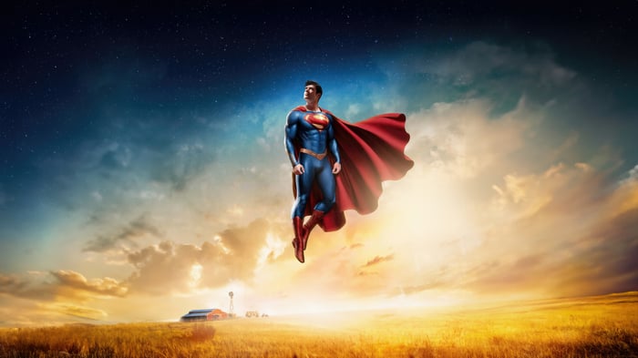 Superman Flying Over a Farm Field