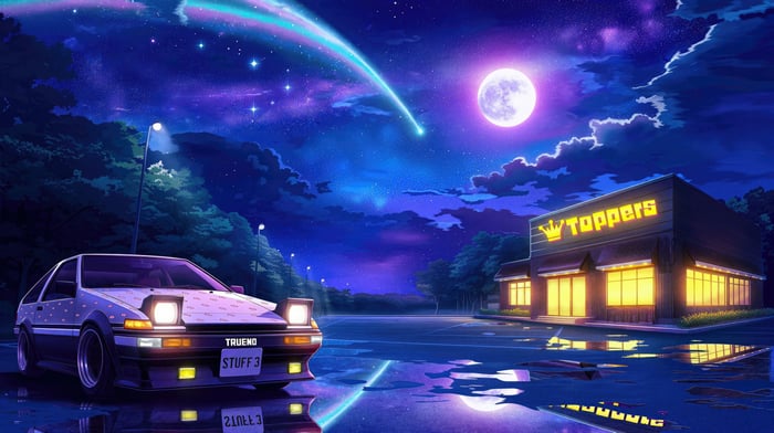 Anime Car and Store Under Starry Night Sky