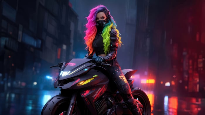 Woman with rainbow hair on a motorcycle in a city
