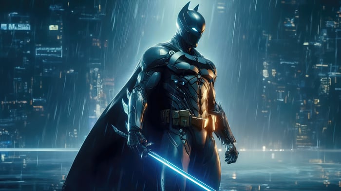 Batman with a glowing sword in the rain