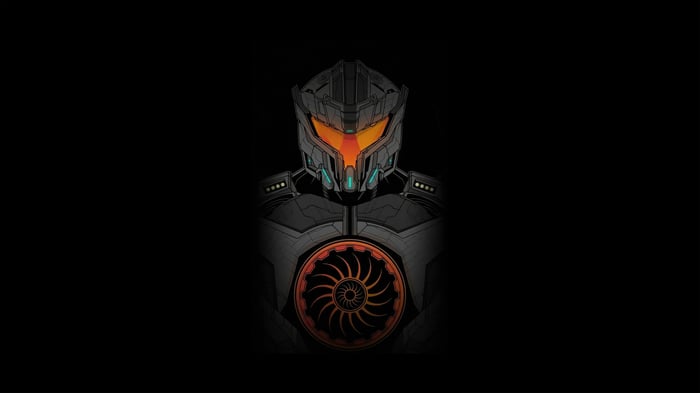 Gundam-like robot with orange visor and circular chest emblem