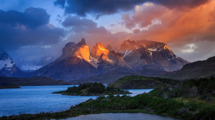 Torres Del Paine National Park mountains at sunset