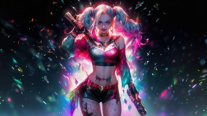Harley Quinn with two swords and colorful explosions