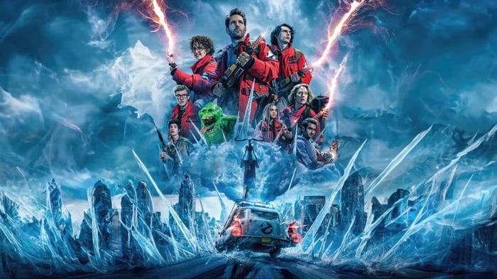 Ghostbusters Frozen Empire Poster with Characters and Ecto-1