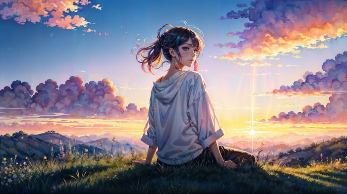 Anime girl sitting on a grassy hill at sunset