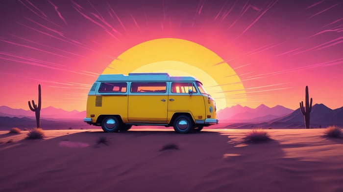 Yellow Camper Van in Desert Sunset