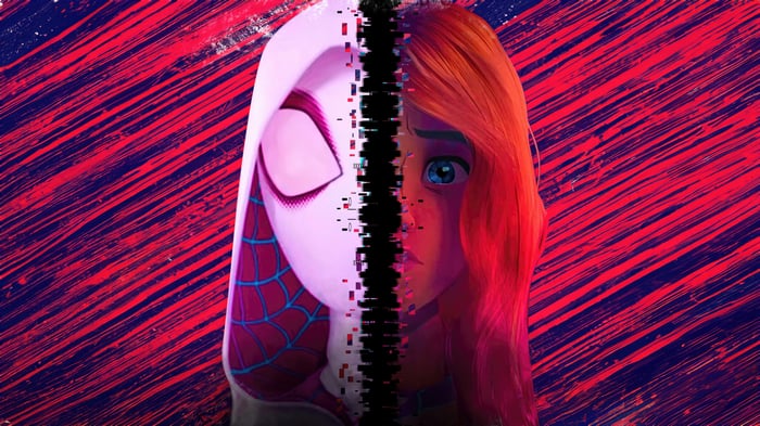 Spider-Gwen and Gwen Stacy split screen