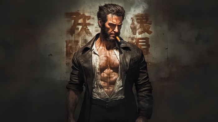 Wolverine smoking a cigar in front of Japanese calligraphy
