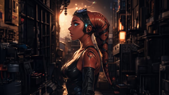Twilek woman in a futuristic city