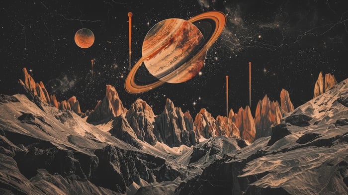 Saturn and a rocky alien landscape