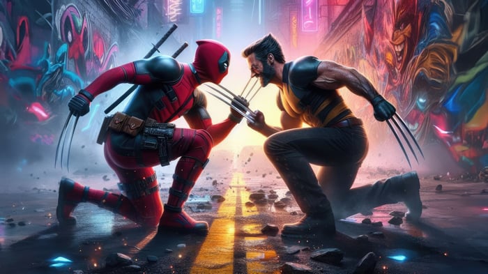 Deadpool and Wolverine clash with claws in a neon-lit city
