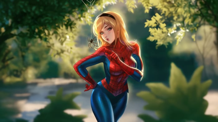 Spider-Gwen in a forest with a spider