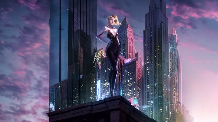 Gwen Stacy on a rooftop in a city