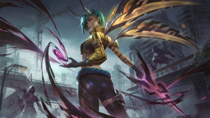 Kaisa with Golden Wings and Shadow Tendrils in Cityscape