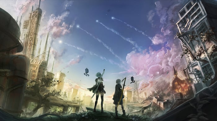 2B and 9S from Nier Automata in a ruined city