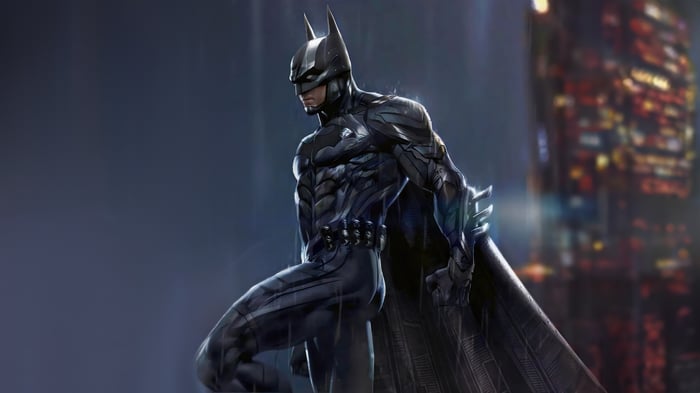 Batman in a dark, rainy city