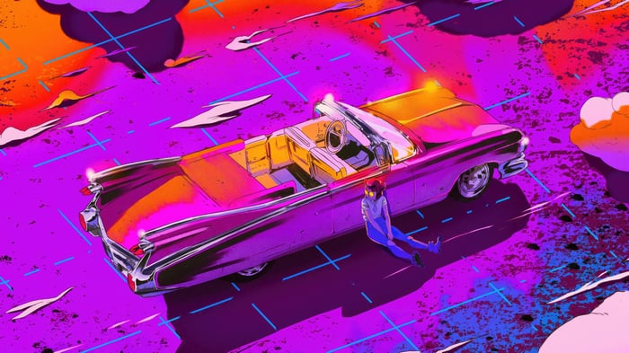 Retro Sega Girl Sitting by a Pink Convertible