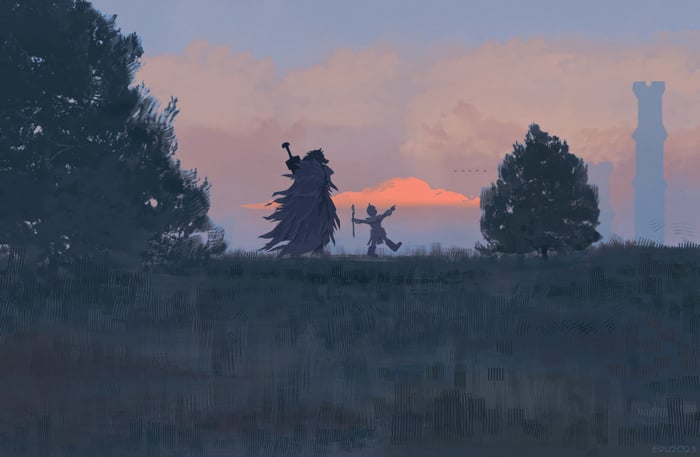 Elden Ring: Giant and child in a field at sunset