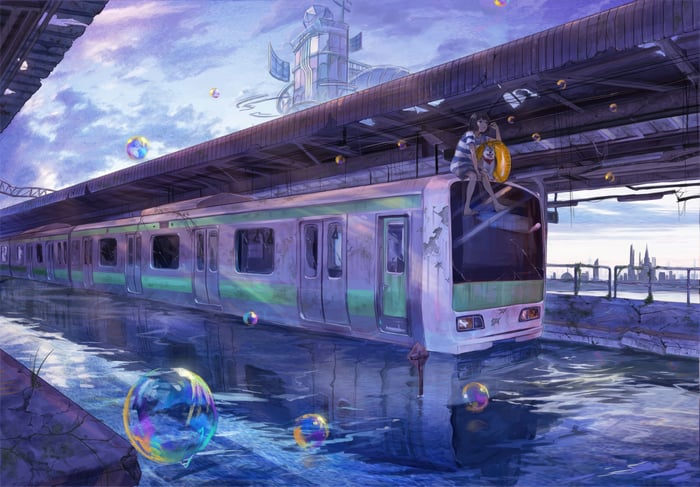 Anime girls sitting on a flooded train platform