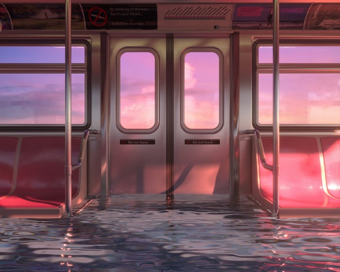 Flooded Subway Train with Sunset Sky