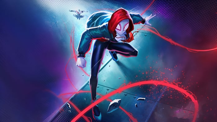 Spider-Gwen in a dynamic pose with red energy