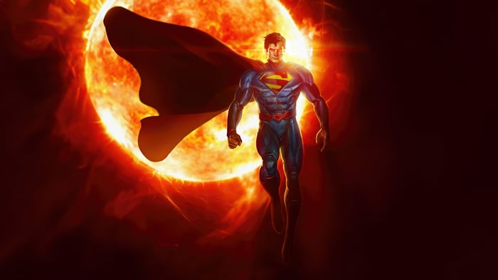 Superman flying in front of the sun