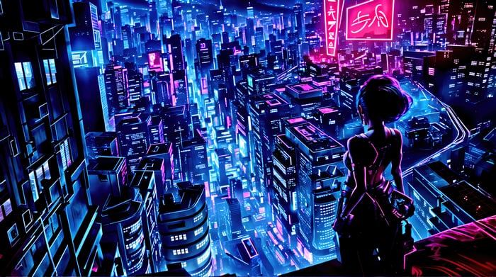 Girl overlooking a neon-lit cyberpunk city