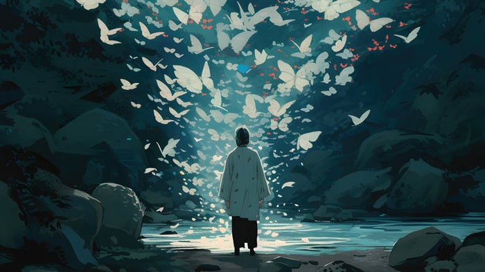 A person surrounded by a swarm of butterflies