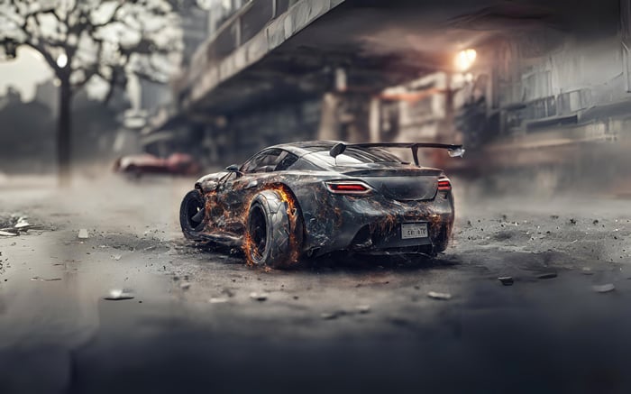 Car with burning wheels in a post-apocalyptic city
