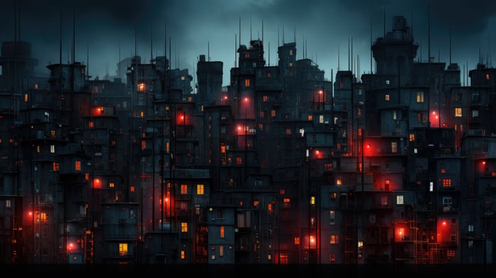 Dark Cityscape with Red and Yellow Lights