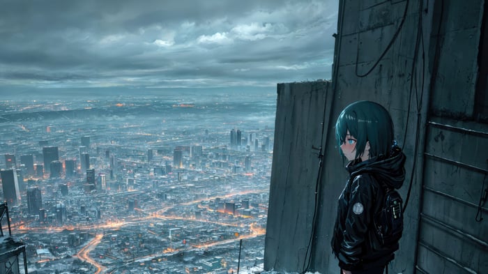 Anime girl looking at a city at dusk
