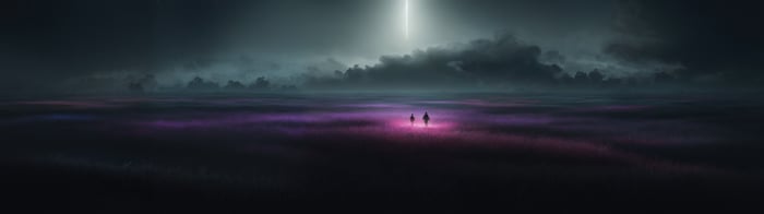Two figures walk through a violet misty landscape under a stormy sky.