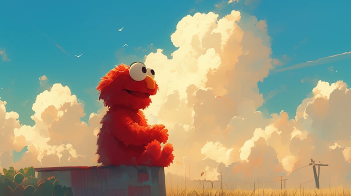 Elmo sitting on a ledge under a cloudy sky