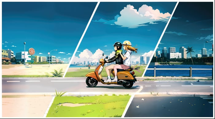 Anime girls riding a scooter along a coastal city road