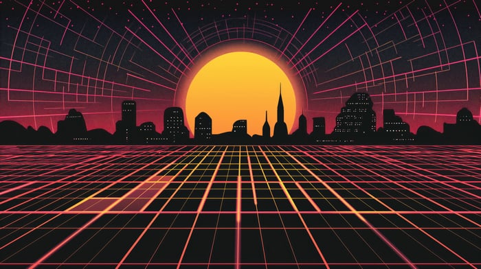 Retro Futuristic Cityscape with Grid Horizon