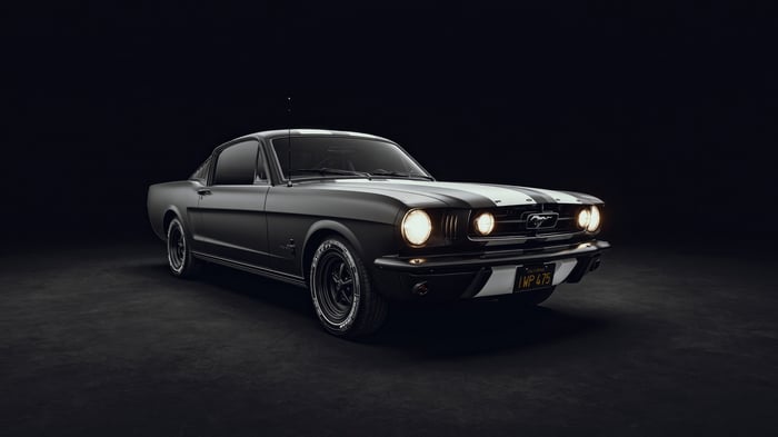 Black Ford Mustang Fastback with White Stripes