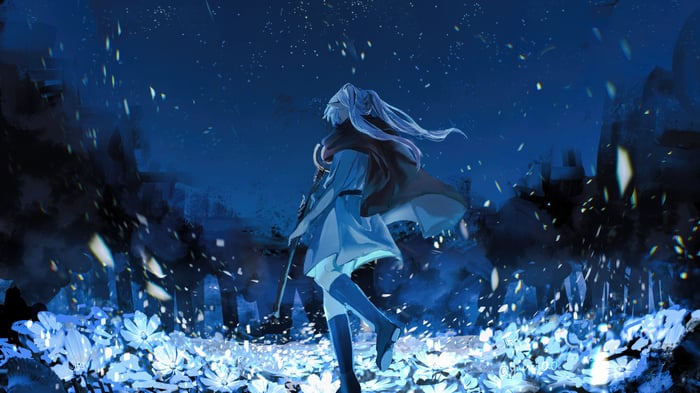 Frieren standing in a field of glowing flowers