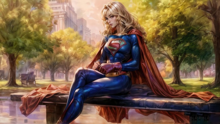 Supergirl sitting in a park