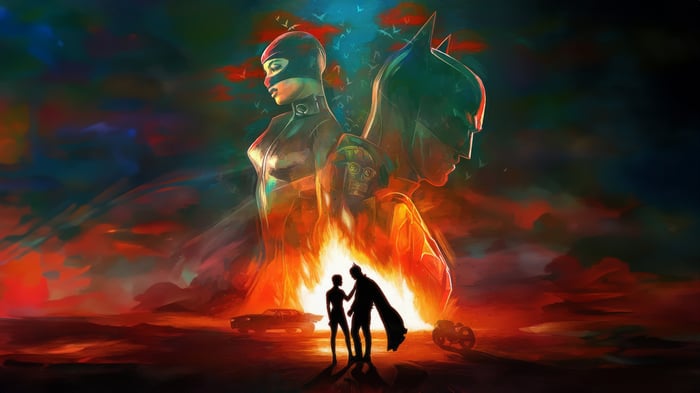Batman and Catwoman in a fiery landscape