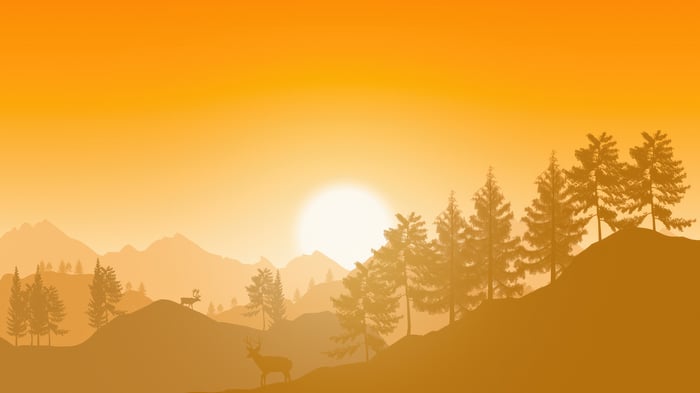 Minimalist sunrise over mountains with reindeer