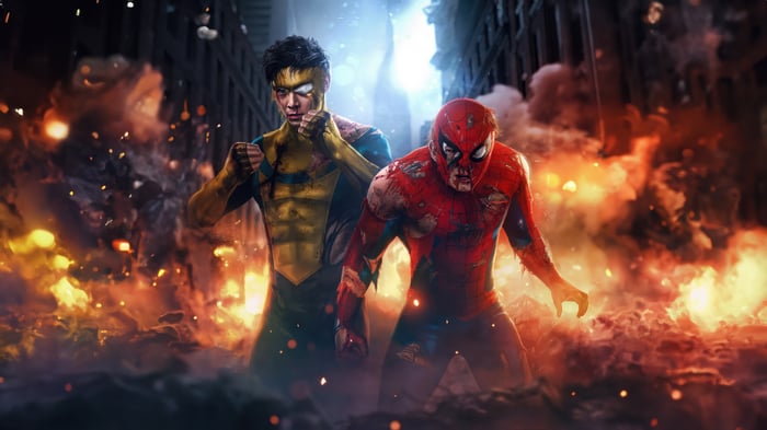 Invincible and Spider-Man in a destroyed city