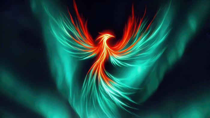 Phoenix with glowing wings in dark sky