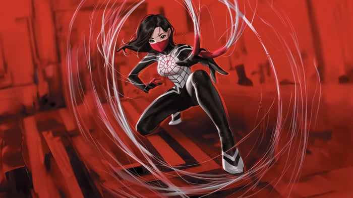 Silk in a dynamic pose with red silk webs