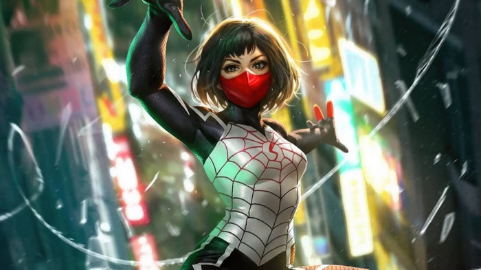 Silk in a dynamic pose against a neon city background