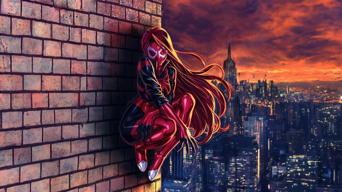 Mary Jane Watson as Scarlet Spider overlooking city