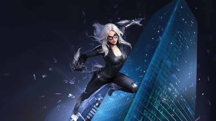 Black Cat leaping near a skyscraper