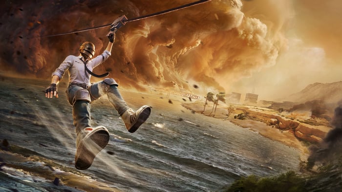 PUBG Player ziplining during a sandstorm