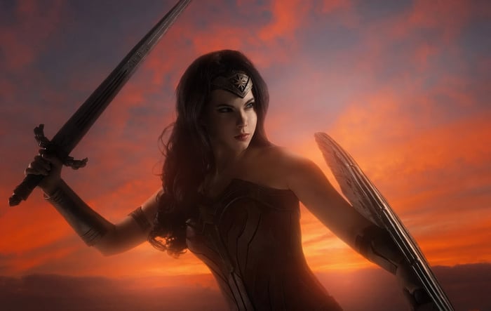 Wonder Woman with Sword and Shield at Sunset