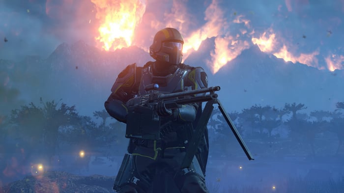 Helldivers 2 Soldier with Machine Gun and Fire