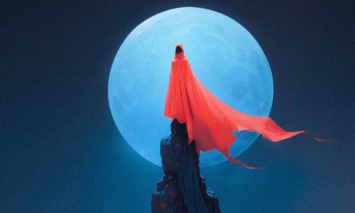 Figure in Red Cloak Before a Blue Moon